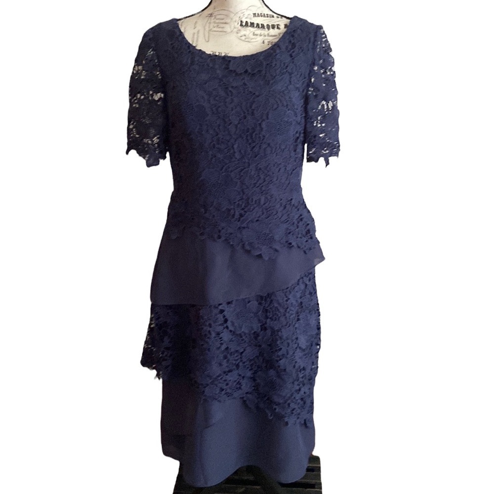 JJ’s House Blue Lace and Chiffon Asymmetrical Tiered Cocktail Dress Size 10